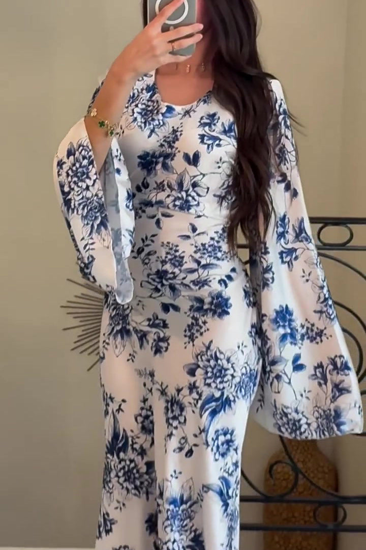 Blue Floral Bell Sleeves Maxi Dress
