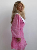 Pink Floral Long Sleeves Chiffon Mini Dress
