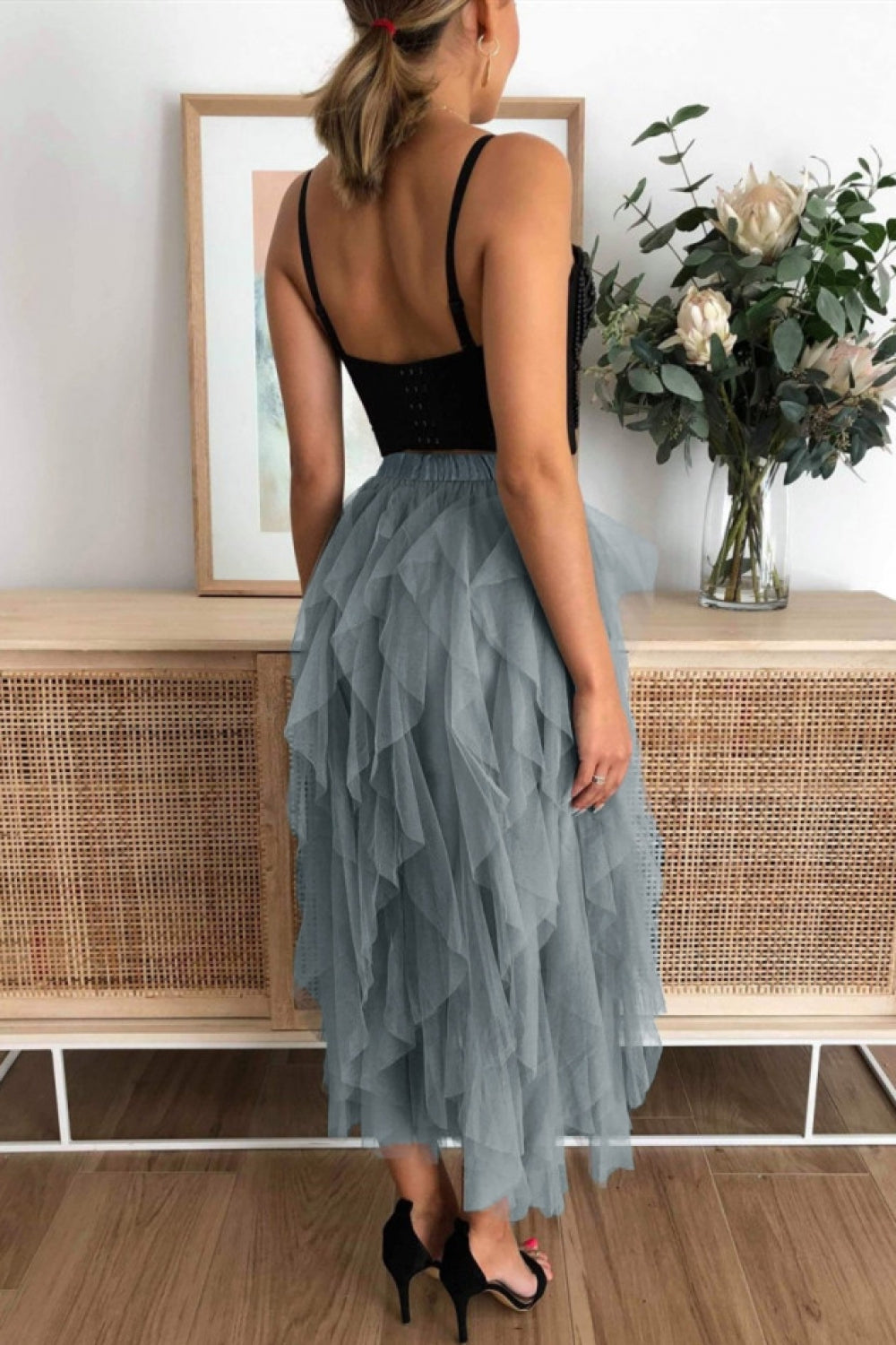 Irregular Tulle Mesh Midi Skirt