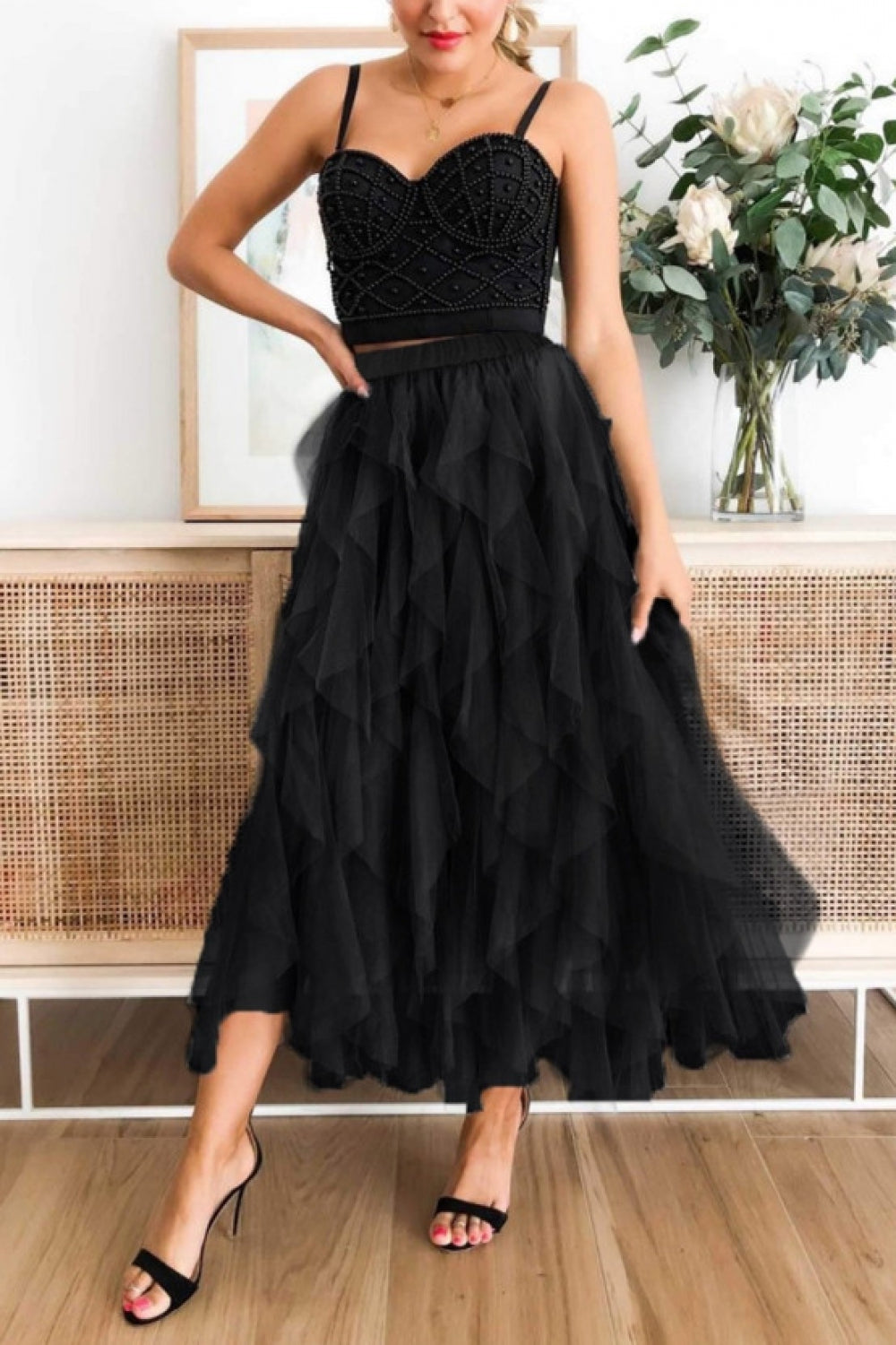 Irregular Tulle Mesh Midi Skirt
