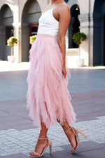 Irregular Tulle Mesh Midi Skirt