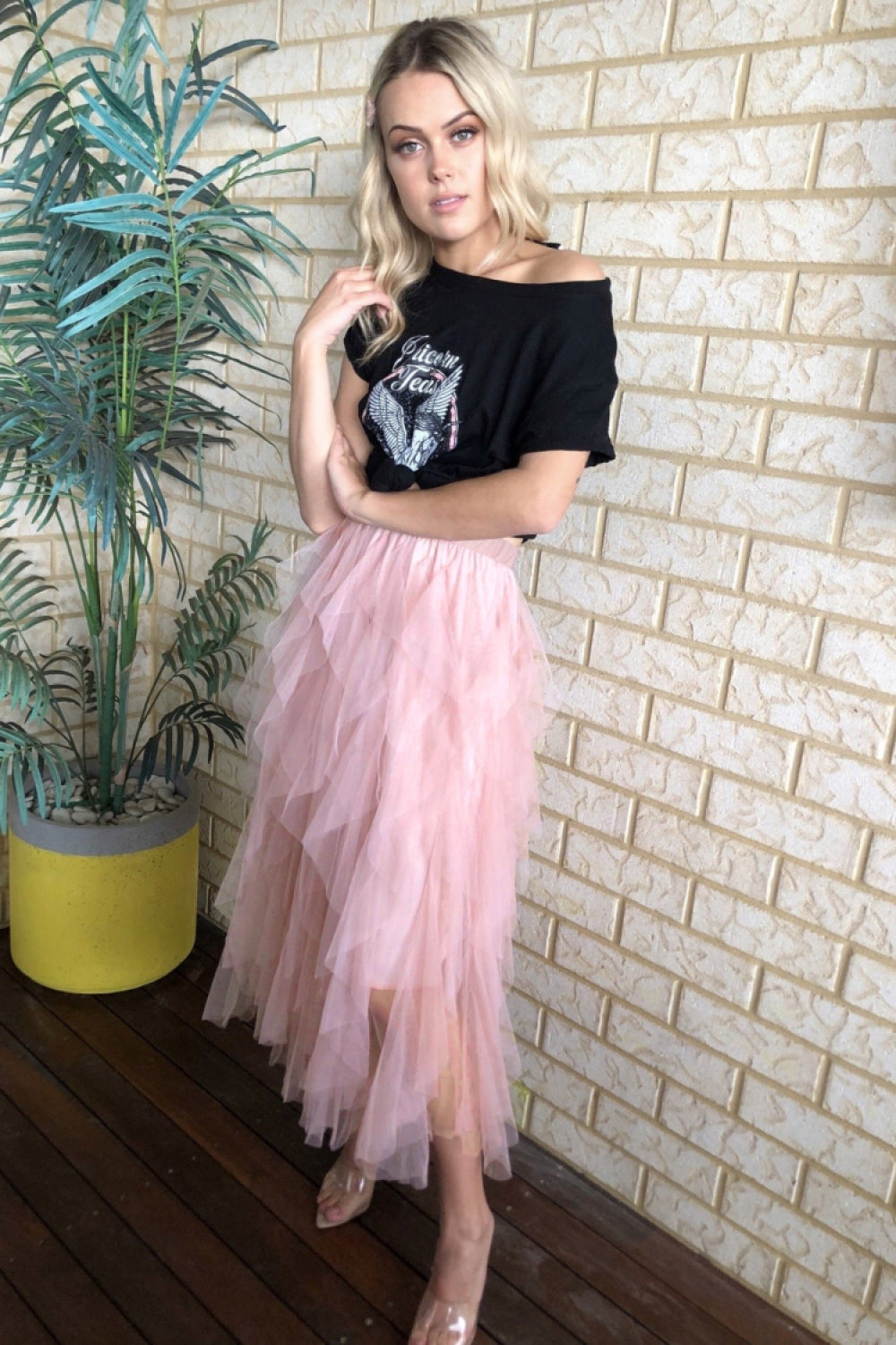 Irregular Tulle Mesh Midi Skirt