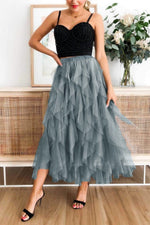 Irregular Tulle Mesh Midi Skirt