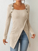 Button Trim Ribbed Knit Sweater