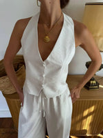 Solid Linen Vest and Wide-Leg Pants Two-Piece Set