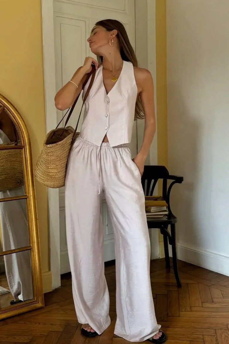 Solid Linen Vest and Wide-Leg Pants Two-Piece Set