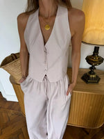 Solid Linen Vest and Wide-Leg Pants Two-Piece Set