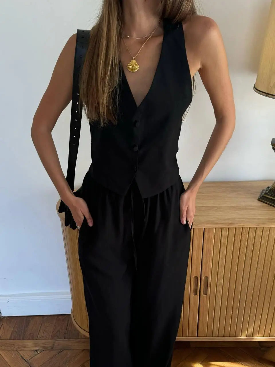 Solid Linen Vest and Wide-Leg Pants Two-Piece Set