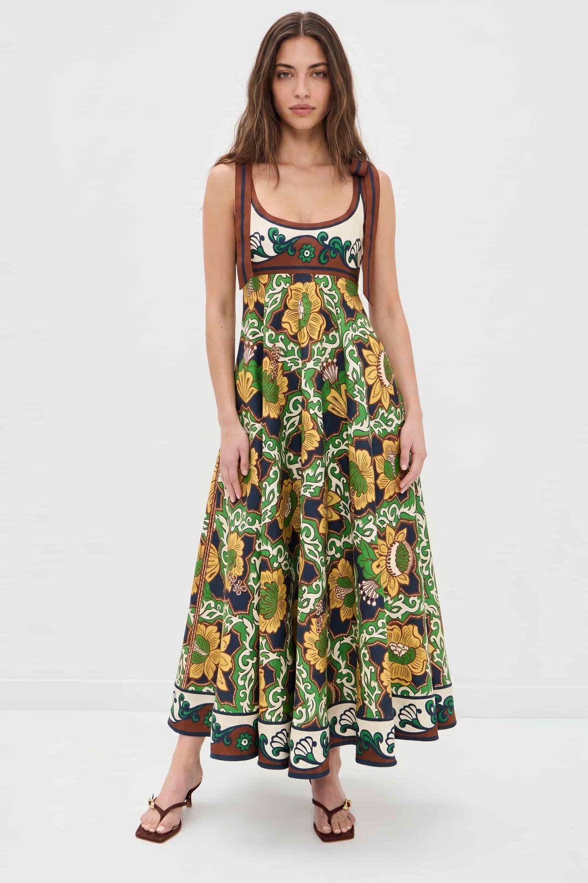 Green Floral Shoulder-Tie Maxi Dress