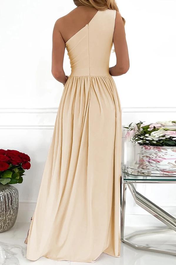 Solid One Shoulder High Slit Maxi Dress