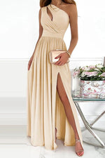 Solid One Shoulder High Slit Maxi Dress