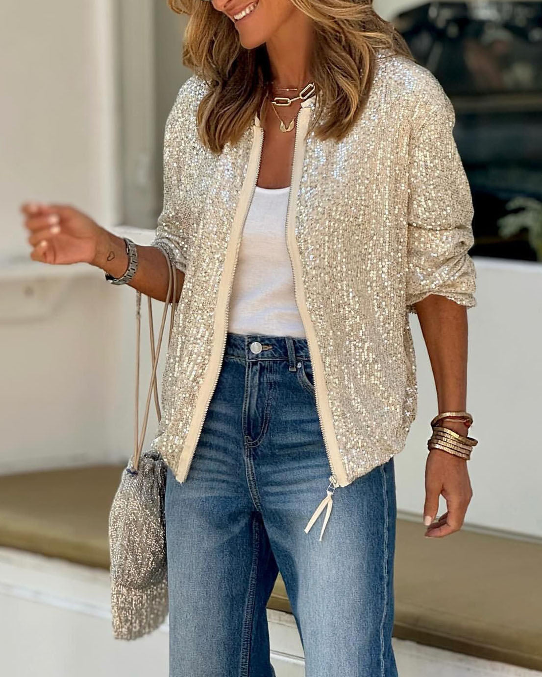 Sequined Zipper Placket Bomber Jacket