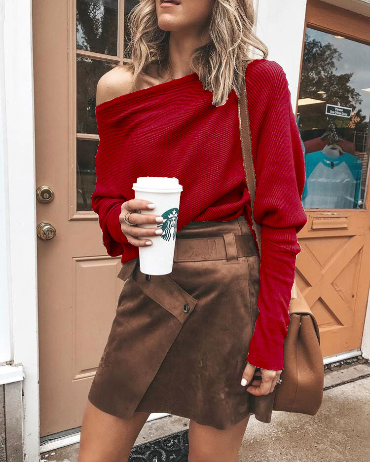 One-shoulder Neck Ribbed Knit T-shirt Top