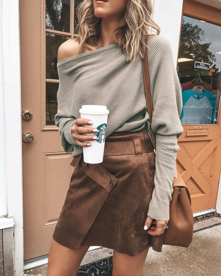 One-shoulder Neck Ribbed Knit T-shirt Top
