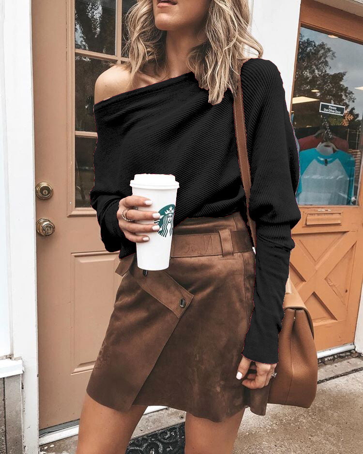 One-shoulder Neck Ribbed Knit T-shirt Top