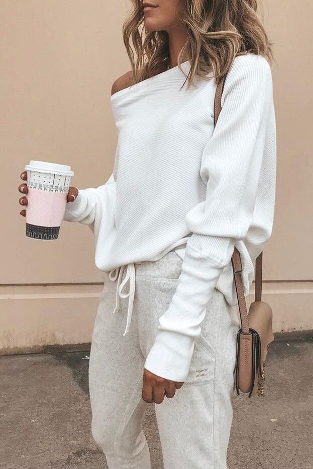 One-shoulder Neck Ribbed Knit T-shirt Top