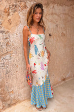 Blue Patterned Satin Slip Maxi Dress