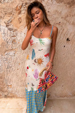 Blue Patterned Satin Slip Maxi Dress