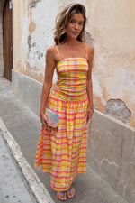 Yellow Pink Plaid Slip Midi Dress