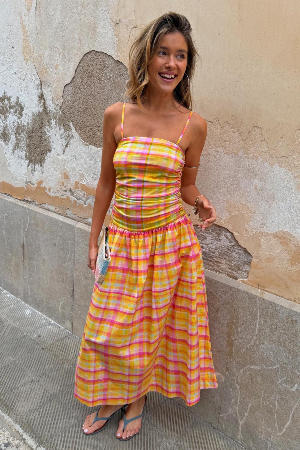 Yellow Pink Plaid Slip Midi Dress