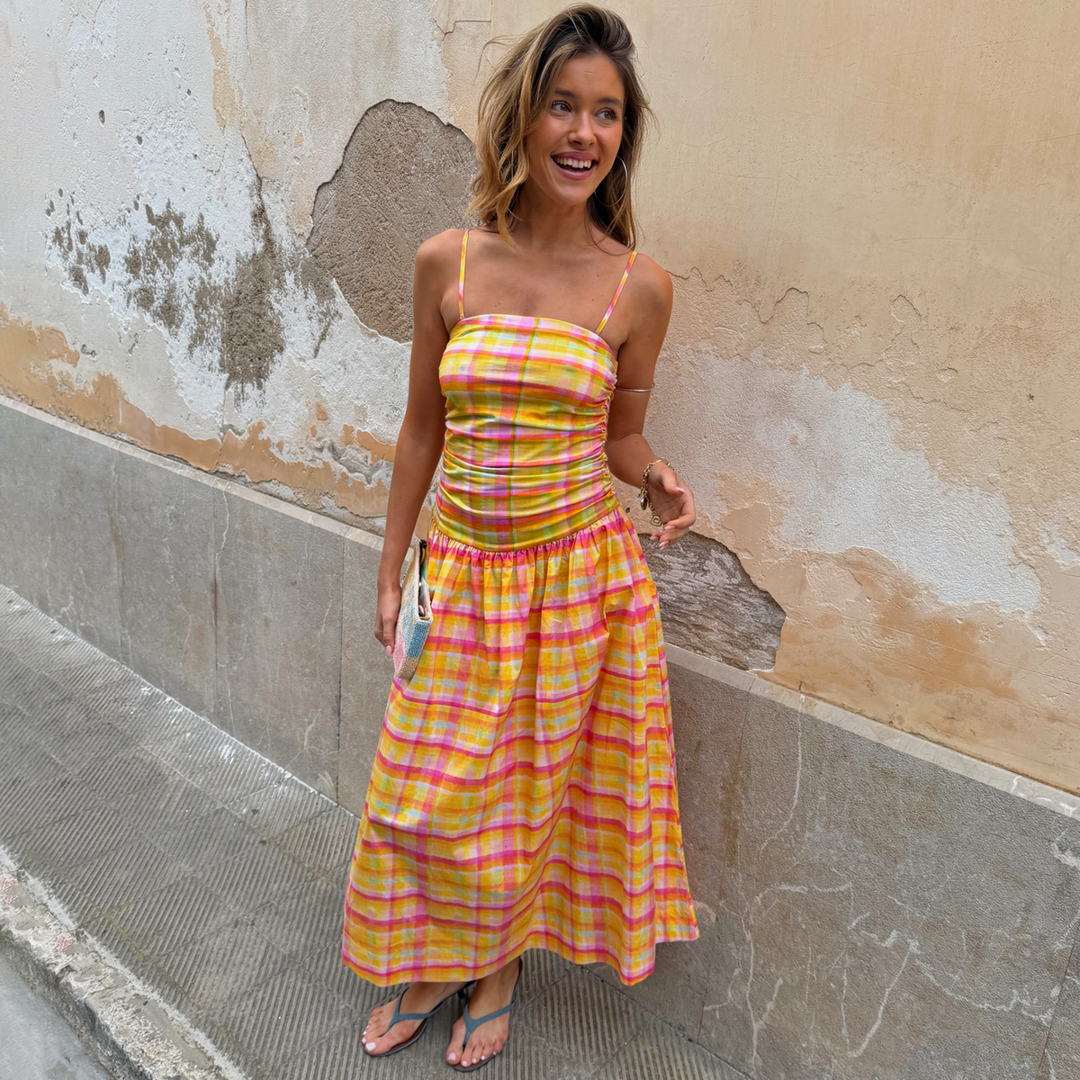 Yellow Pink Plaid Slip Midi Dress