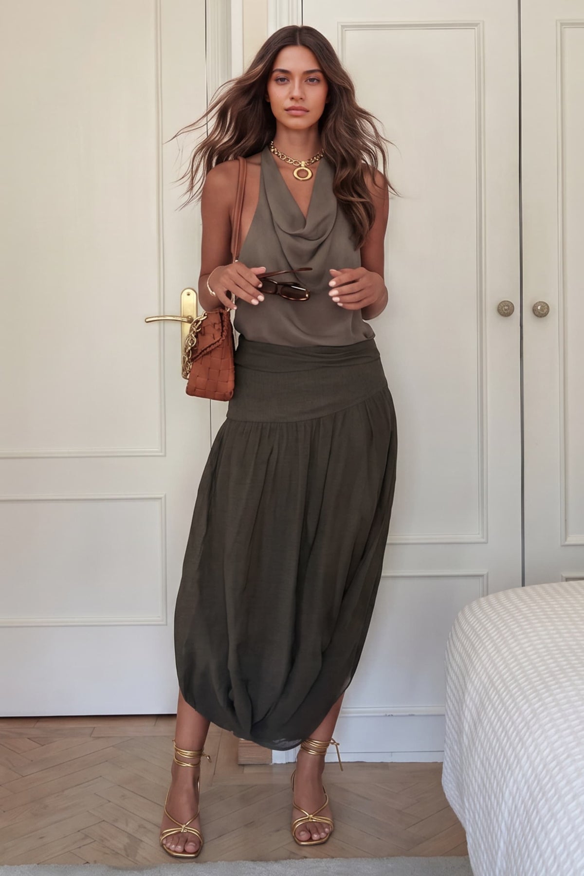 Brown Halter Top And Skirt Two-Piece Suit