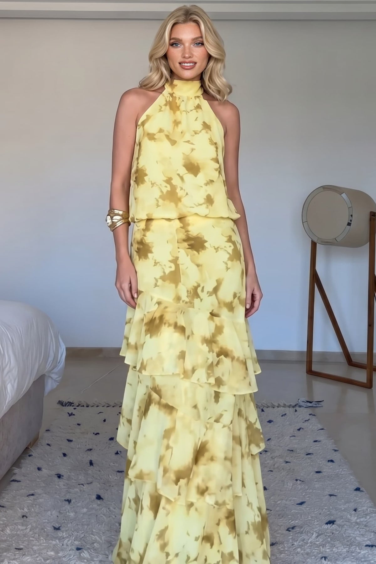 Yellow Halter Top And Ruffled Skirt Two-Piece Set