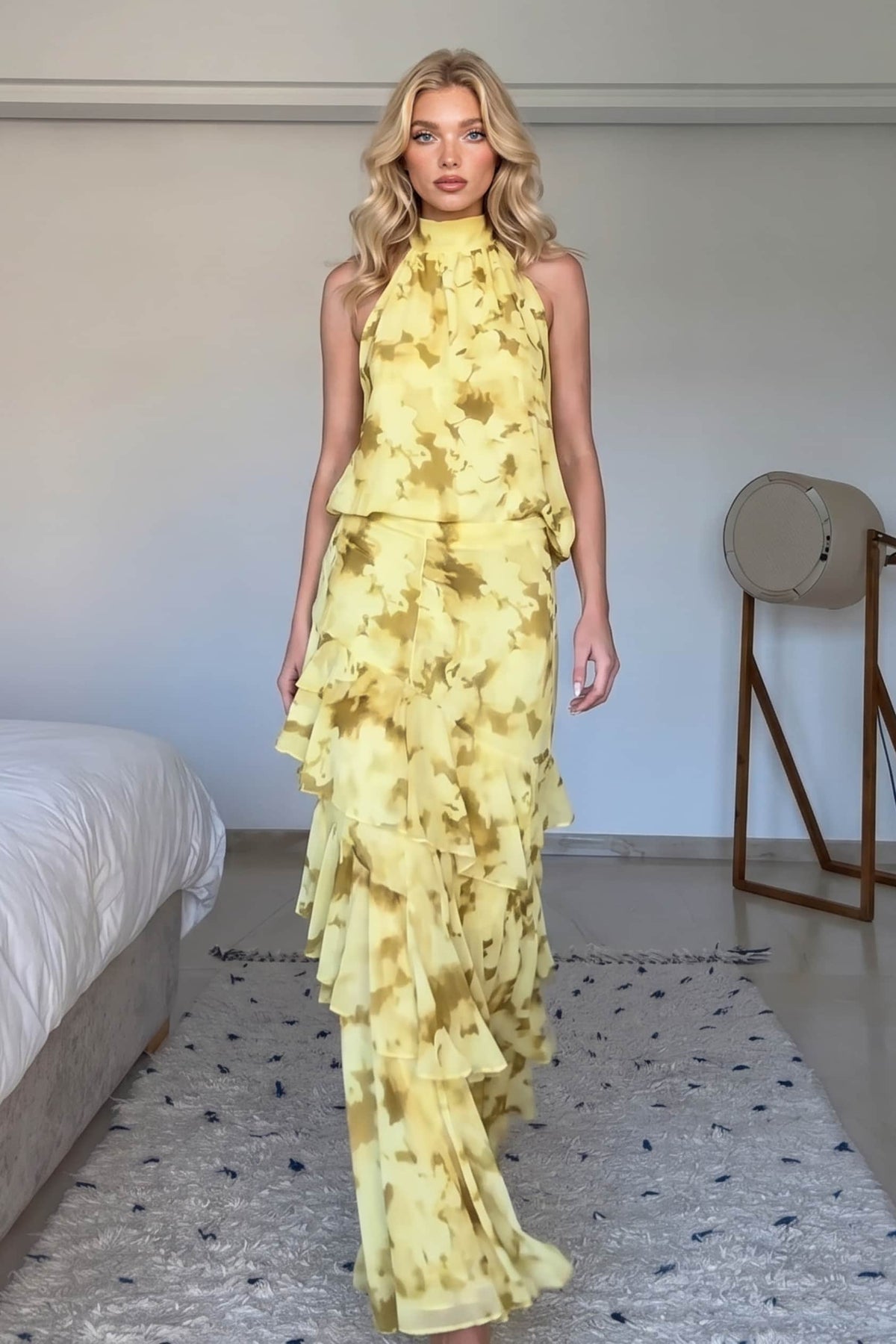 Yellow Halter Top And Ruffled Skirt Two-Piece Set