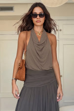 Brown Halter Top And Skirt Two-Piece Suit