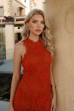 Orange Red Crochet Knit Midi Dress