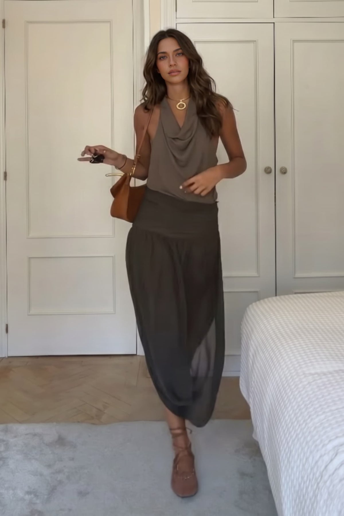 Brown Halter Top And Skirt Two-Piece Suit