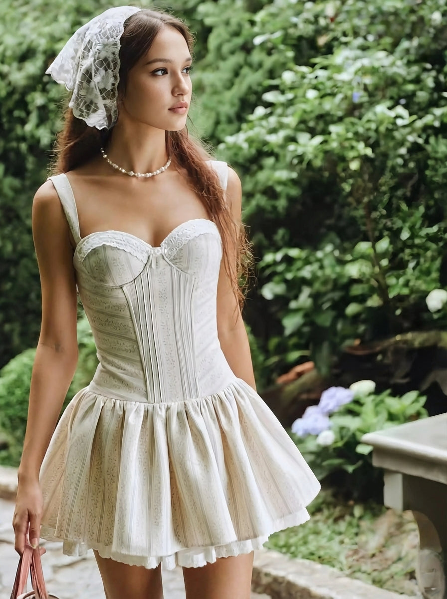Beige Corset Pleated Mini Dress