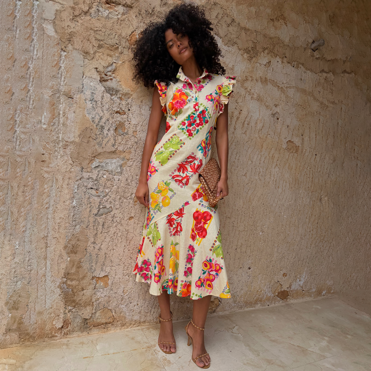 Colorful Fruit Stamps Slip Midi Dress