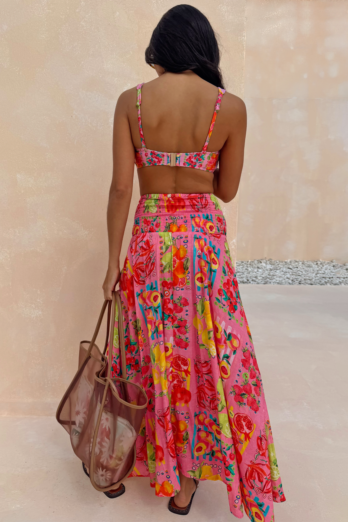 Pink Fruit Stamps Print Maxi Skirt