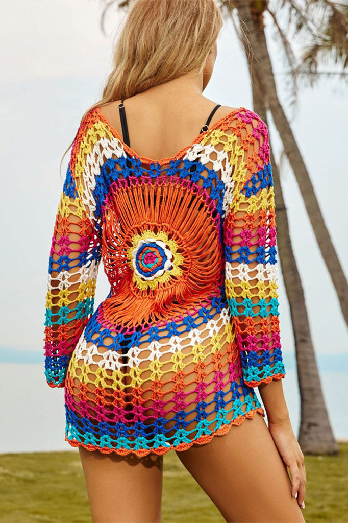 Colorful Crochet Knitted Cover Up Beach Dress