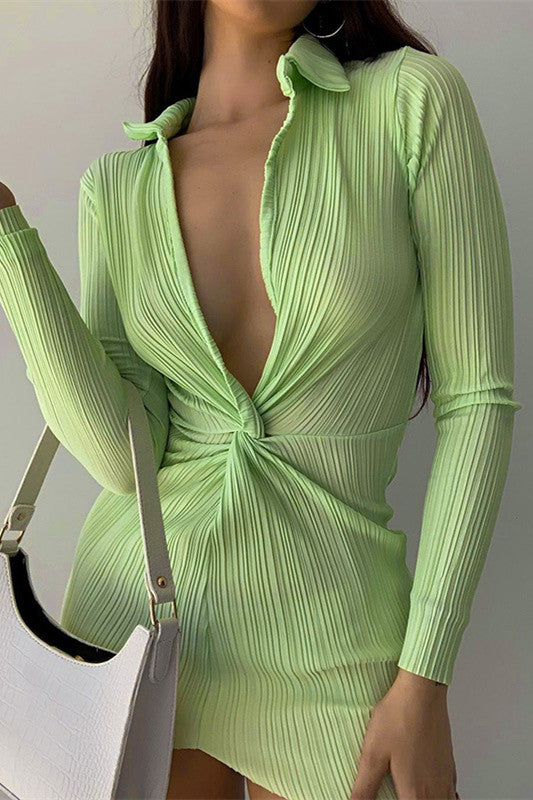 Green Front Twisted Mini Shirt Dress