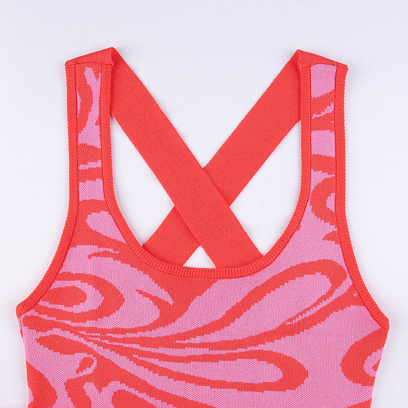 Pink Abstract Print Sleeveless Knit Dress