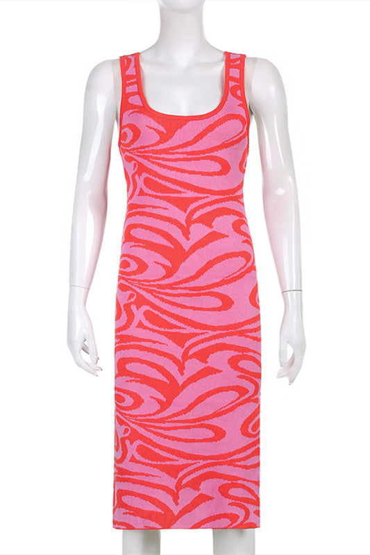 Pink Abstract Print Sleeveless Knit Dress