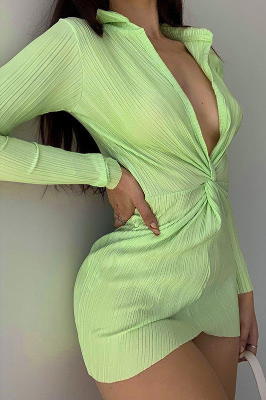 Green Front Twisted Mini Shirt Dress