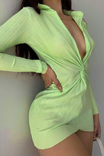 Green Front Twisted Mini Shirt Dress