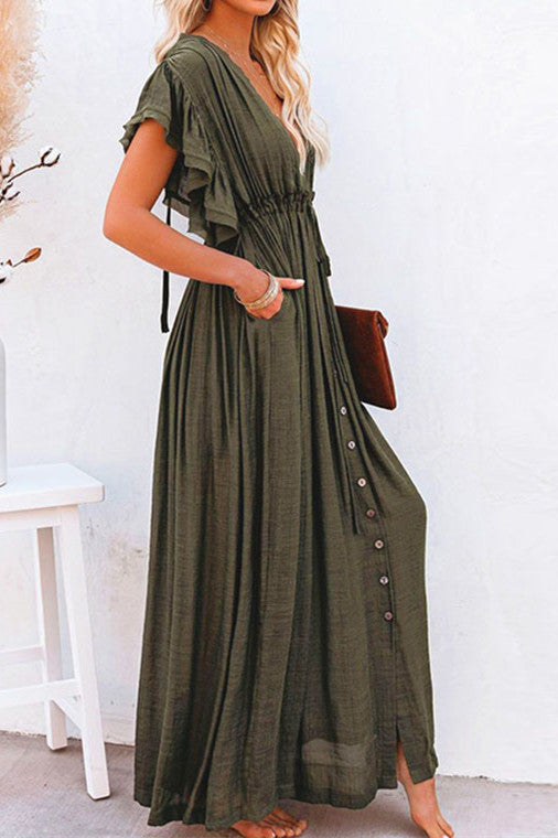 Linen Withdraw Deep V Maxi Dress