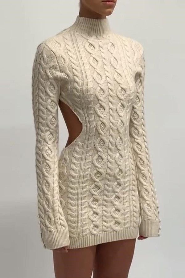 Beige Cable Knit Backless Wool Mini Dress
