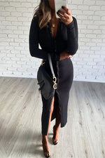 Black Button Down Midi Knit Dress