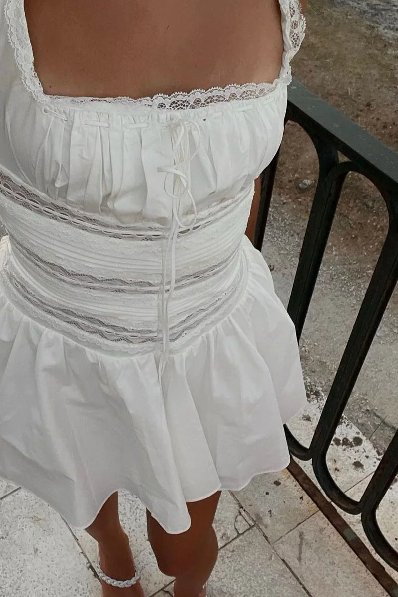 White Square Neckline Lace Mini Dress
