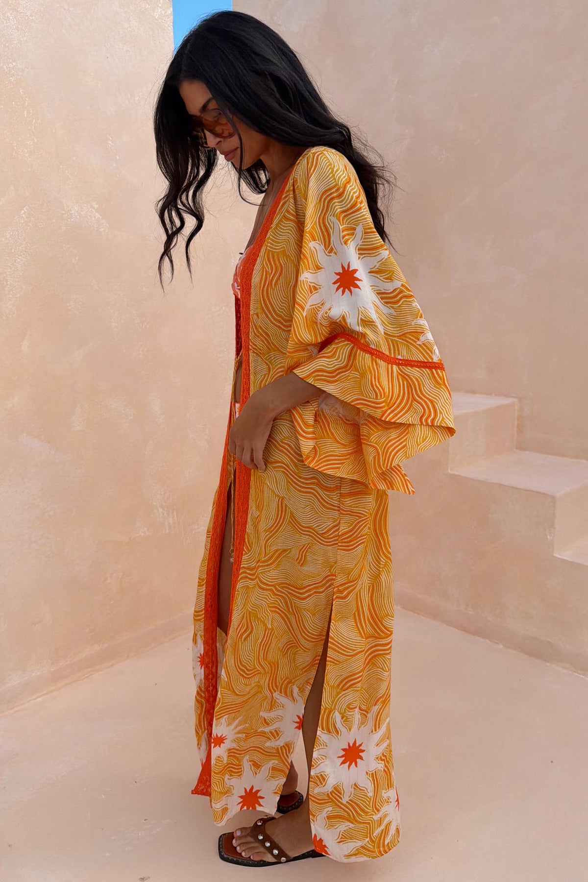 Yellow Sun Print Long Kimono