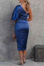 Elegant One Shoulder Satin Drape Midi Dress
