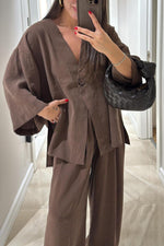 Casual Linen Top and High-Waist Pants Two-Piece Suit