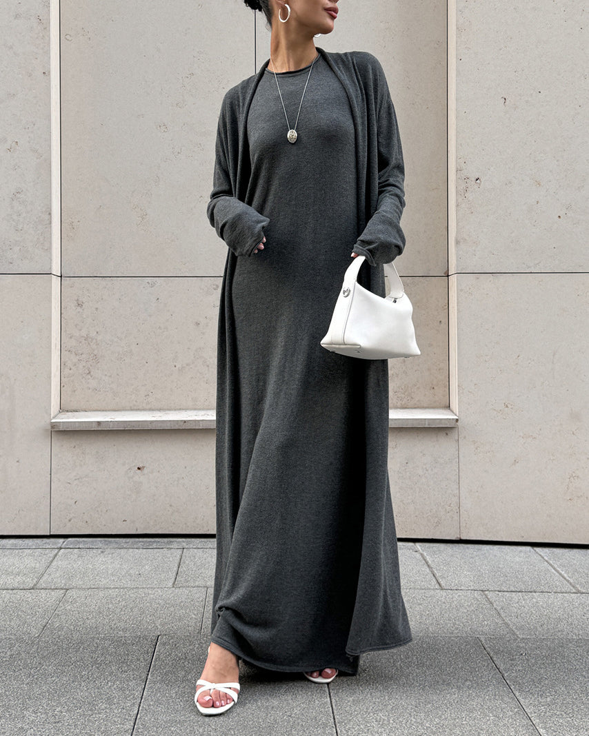 White Knit Midi Dress and Long Cardigan Two Piece Suit