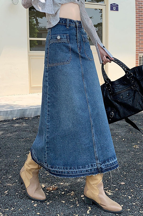 Blue Washed Patched Pockets Denim skirt