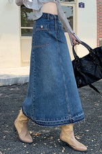Blue Washed Patched Pockets Denim skirt